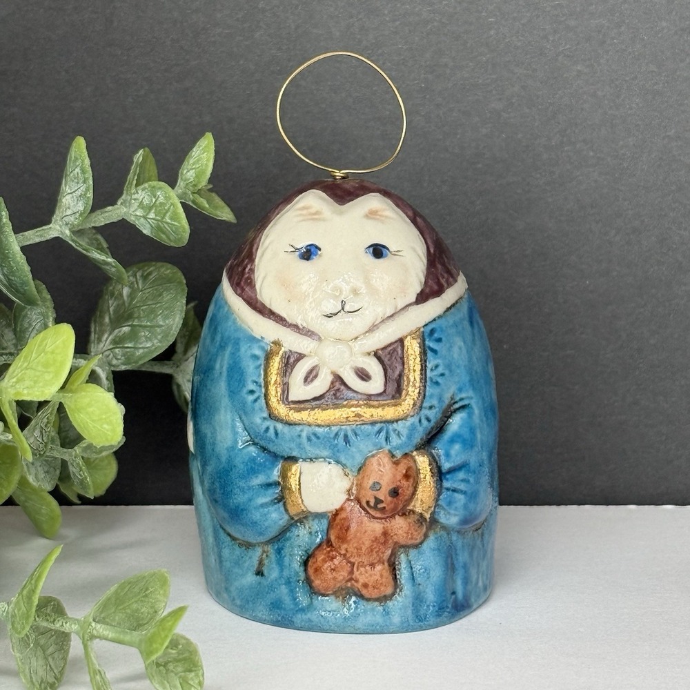 VTG 1980 Salamander Pottery Cat w/Teddy Bear Ceramic Bell Ornament Hand Painted